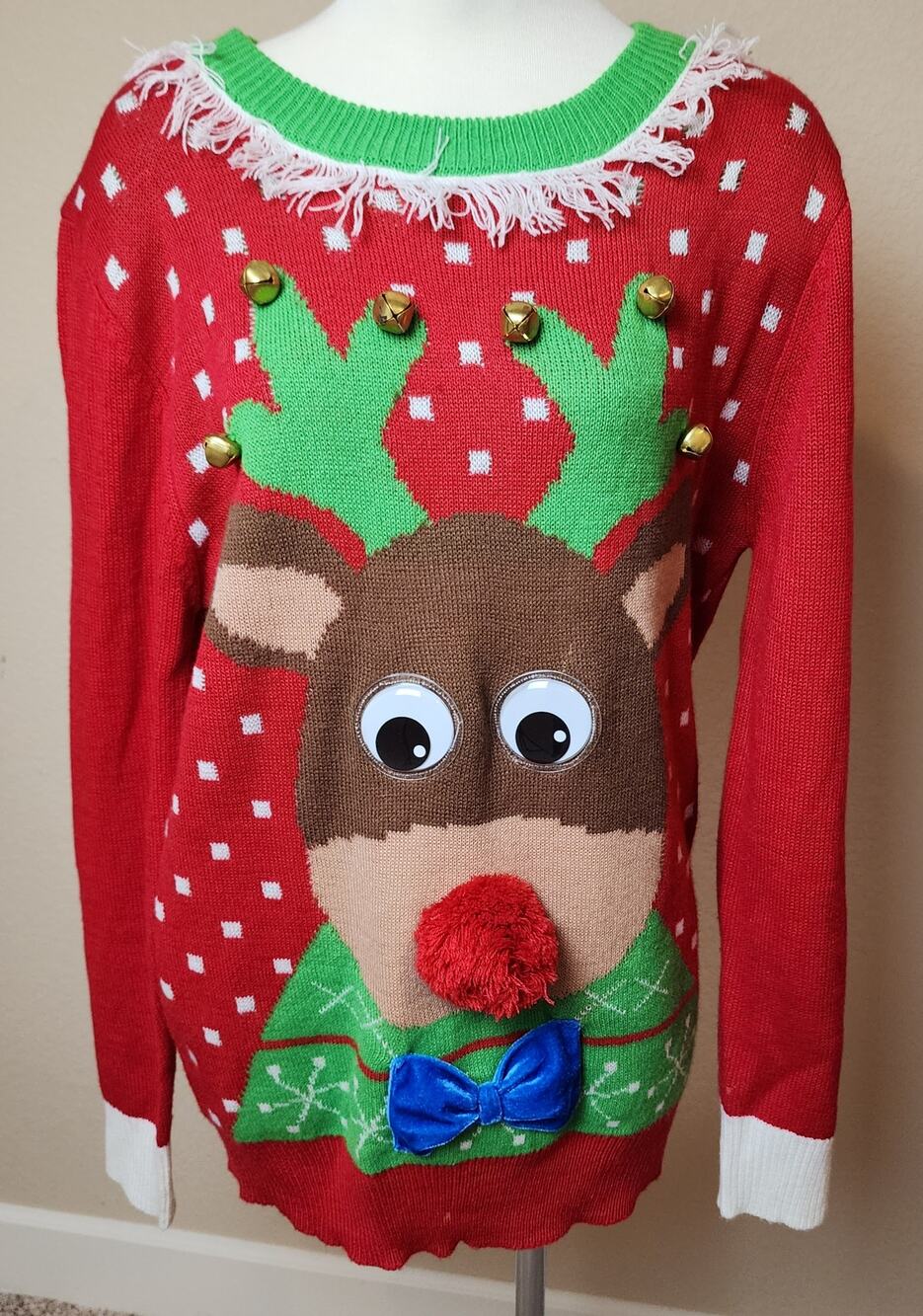 Reindeer Bells Google Eyes Fringe Christmas Sweater Red Green Ugly Small/Medium